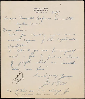 Joseph P. Roth autograph letter signed to Sacco-Vanzetti Defense Committee, Albany, N. Y., October 12, 1927
