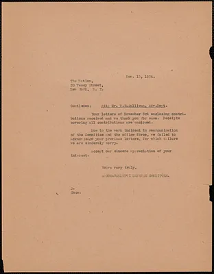 Sacco-Vanzetti Defense Committee typed note to W. E. Sullilvan (The Nation), November 13, 1924