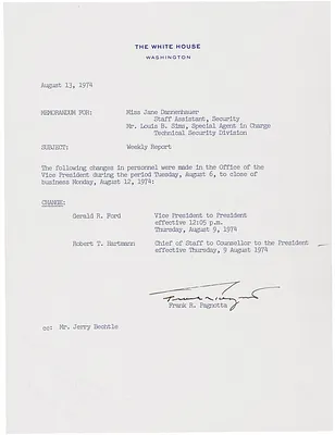 Memorandum from Frank Pagnotta to Jane Dannenhauer Containing the Weekly Report on Vice Presidential Staff Changes