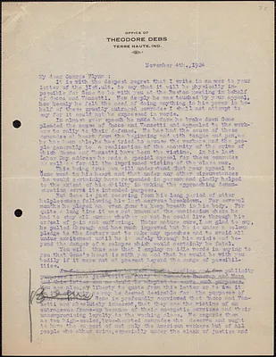 Theodore Debs typed letter (incomplete) to [Elizabeth Gurley] Flynn, Terre Haute, Ind., November 4, 1924