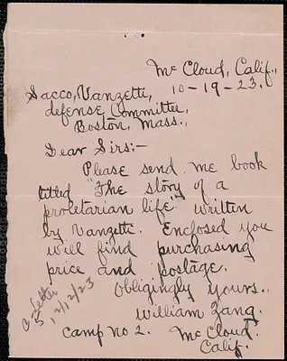 William Zang autograph note signed to Sacco-Vanzetti Defense Committee, McCloud, Calif., October 19, 1923