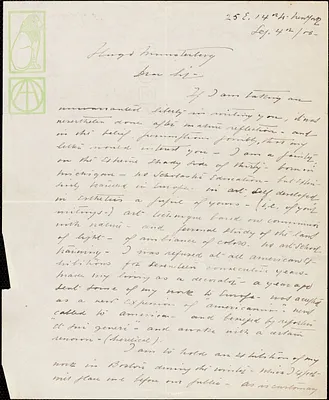 Dabo, Leon, 1868-1960 autograph letter signed to Hugo Münsterberg, New York, 4 September 1906