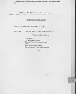 Press Pool Assignment of Meeting with Coastal State Governors [Pool Assignments]