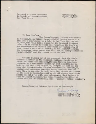 Leonard Craig (Sacco-Vanzetti Defense Committee of Western Pennsylvania) typed letter signed to National Citizens Committee in behalf of Sacco and Vanzetti, Pittsburgh, Pa., August 28, 1927
