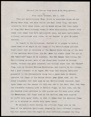 Extract of letter from Annin & Co., flag makers to Miss Julia Goddard, 2/5/1906