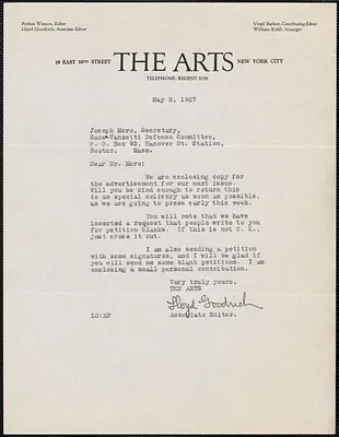 Lloyd Goodrich (The Arts) typed letter signed to Joseph Moro (Sacco-Vanzetti Defense Committee), New York, N.Y., May 2, 1927