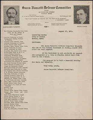 Sacco-Vanzetti Defense Committee typed letter (copy) to City of Boston Licensing Bureau, Boston, Mass., August 17, 1928