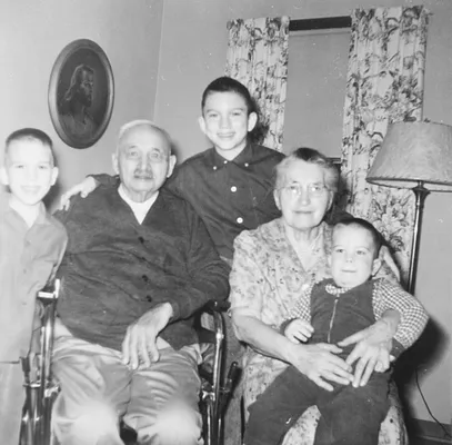 Gary, Alan, and Jim Nervig with their grandparents, 1957