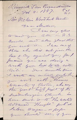 Leo Leach autograph letter signed to Victoria Woodhull Martin, San Bernardino, Calif., February 4, 1897
