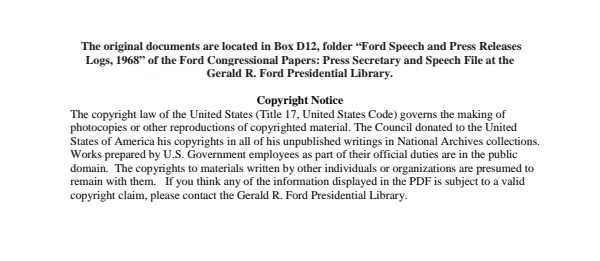 Ford Speech and Press Releases Logs, 1968