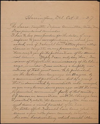 Leonard Schwartz autograph document to Sacco-Vanzetti Defense Committee, Harrington, Del., October 2, 1927