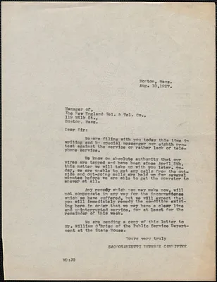 Sacco-Vanzetti Defense Committee typed letter (copy) to Manager, New England Telephone Company, Boston, Mass., August 10, 1927