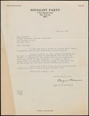 August Claessens (Socialist Party) typed letter signed to Mary Donovan, New York, N.Y., June 9, 1927