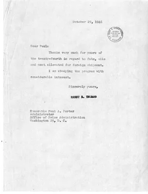 Letter from President Harry S. Truman to Paul A. Porter