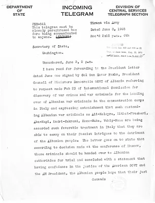 Telegram from Jacobs to Secrertary of State Edward Stettinius