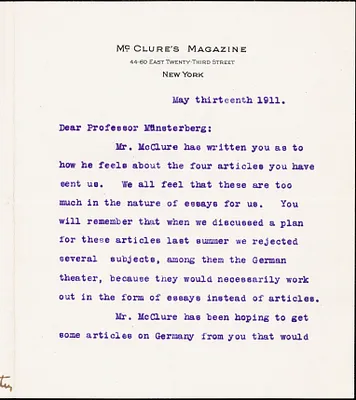 Cather, Willa Sibert, 1873-1947 typed letter signed to Hugo Münsterberg, New York, 13 May 1911