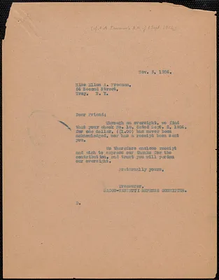 Sacco-Vanzetti Defense Committee typed note (copy) to Ellen A. Freeman, Boston, Mass., November 5, 1924