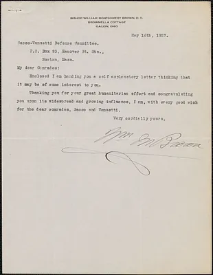 William M. Brown typed letter signed (copy) to Sacco-Vanzetti Defense Committee, Galion, Ohio, May 16, 1927