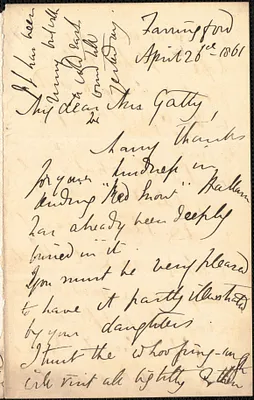 Emily Tennyson autograph letter signed to Mrs. Gatty, Farringford, [Isle of Wight], 26 April 1861