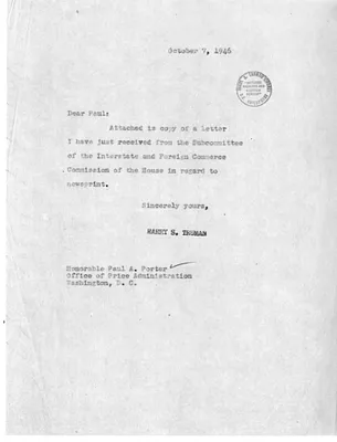 Letter from President Harry S. Truman to Paul A. Porter