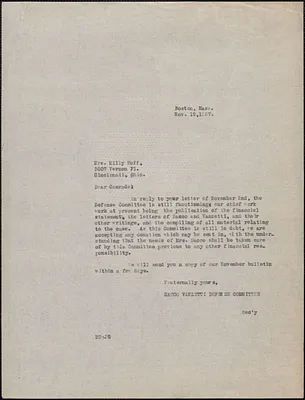 Mary Donovan (Sacco-Vanzetti Defense Committee) typed letter (copy) to Milly Huff, Boston, Mass., November 19, 1927