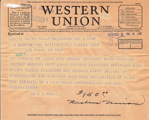 Telegram to H.H. Barker, December 5, 1934