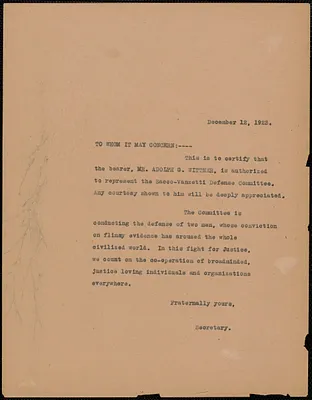 Sacco-Vanzetti Defense Committee typed letter (copy, Boston, Mass., December 12, 1923