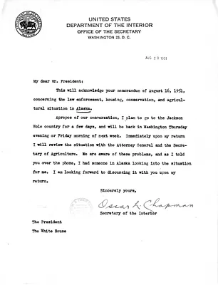 Memorandum from Secretary of the Interior Oscar Chapman to President Harry S. Truman