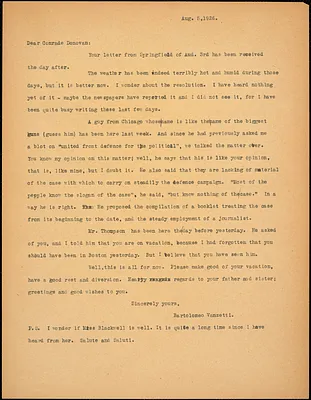 Bartolomeo Vanzetti typed letter (copy) to Mary Donovan, [Charlestown], 5 August 1926