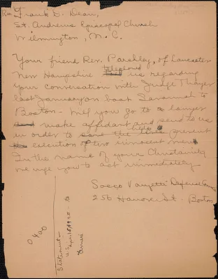 Mary Donovan (Sacco-Vanzetti Defense Committee) autograph letter (draft) to Rev. Frank Dean, Boston, Mass., [1927?]