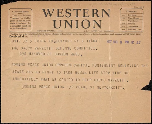Women's Peace Union telegram to Sacco-Vanzetti Defense Committee, New york, N.Y., August 8, 1927
