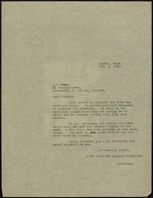 Sacco-Vanzetti Defense Committee typed letter (copy) to J. A. Tonge, Boston, Mass., November 5, 1926