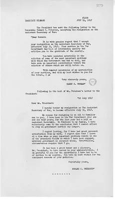 Press Release, Correspondence Between President Harry S. Truman and Howard Petersen