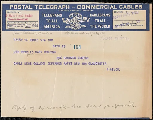 Gertrude Winslow telegram to Mary Donovan, Bath, Eng., July 29, 1927