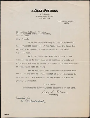 Sadie L. Robinson (International Sacco Vanzetti Committee) typed letter signed to Sacco-Vanzetti Defense Committee, New York, N.Y., August 15, 1927