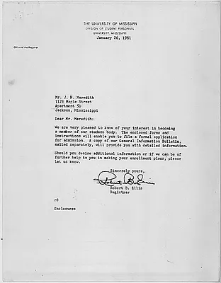 Letter from the Registrar at the University of Mississippi to James Meredith, 26 January 1961