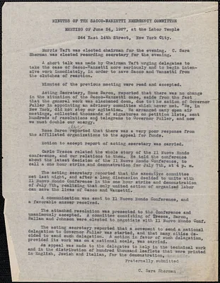 C. Sara Sherman (Sacco-Vanzetti Emergency Committee) typed document, New York, N. Y., June 24, 1927: Minutes of the Sacco-Vanzetti Emergency Committee meeting of June 24, 1927, at the Labor Temple