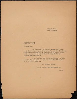 Sacco-Vanzetti Defense Committee typed note (copy) to Frederic Raper, Boston, Mass., June 23, 1927