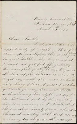 Letter from John Jubb, Camp Hamilton, Fortress Monroe Va., to Thomas Jubb, West Chelmsford, Mass., March 29, 1862