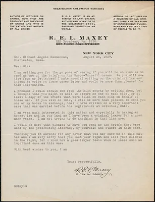 R. E. L. Maxey typed letter to Michael A. Musmanno, New York, N. Y., August 25, 1927