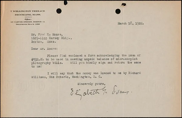 Elizabeth G[lendower] Evans typed note signed to Fred H. Moore, Brookline, Mass., March 18, 1924