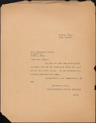 Sacco-Vanzetti Defense Committee typed note (copy) to [Elizabeth] Glendower Evans, Boston Mass., June 4, 1927