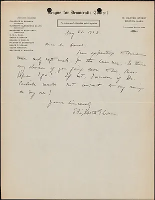 Elizabeth G[lendower] Evans (League for Democratic Control) autograph note signed to [Fred H.] Moore, Boston, Mass., May 21, 1923