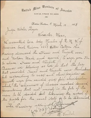 J. Grossi et al (United Mine Workers of America, Local Union No. 2262) typed letter signed to Webster Thayer, Dillies Bottom, Ohio, March 19, 1923