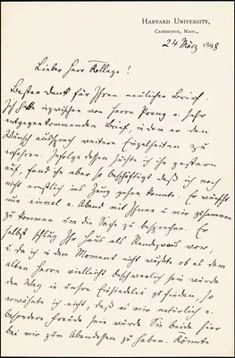 Francke, Kuno, 1855-1930 autograph letter signed to Hugo Münsterberg, Cambridge, Mass., 24 March 1898