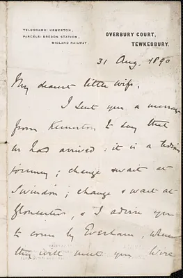 [John Biddulph Martin] autograph note signed to [Victoria Woodhull Martin], Tewkesbury, [England], August 31, 1890