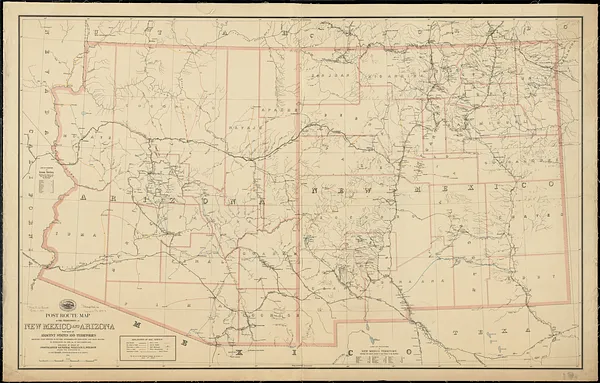 Post route map of the territories of New Mexico and Arizona with parts of adjacent states and territories showing post offices with the intermediate distances and mail routes in operation on the 1st of December 1895