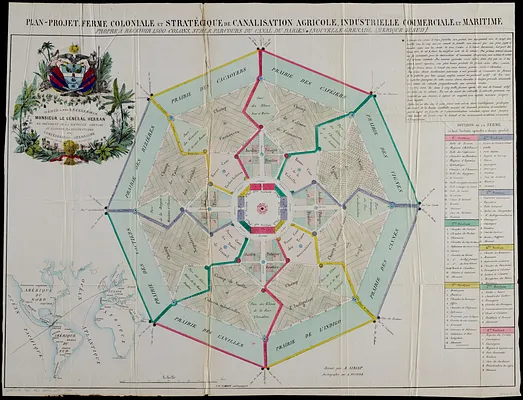 Plan-projet, ferme coloniale et stratégique de canalisation agricole, industrielle, commerciale, et maritime
