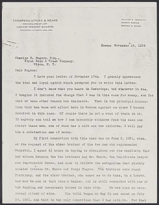 Sacco-Vanzetti Case Records, 1920-1928. Correspondence. William G. Thompson to Charles B. Rogers (photocopy), November 19, 1926. Box 41, Folder 65, Harvard Law School Library, Historical & Special Collections