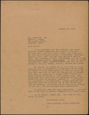 Sacco-Vanzetti Defense Committee typed letter (copy) to Eva Levinsohn, (Mother's League), Boston, Mass., January 30, 1924